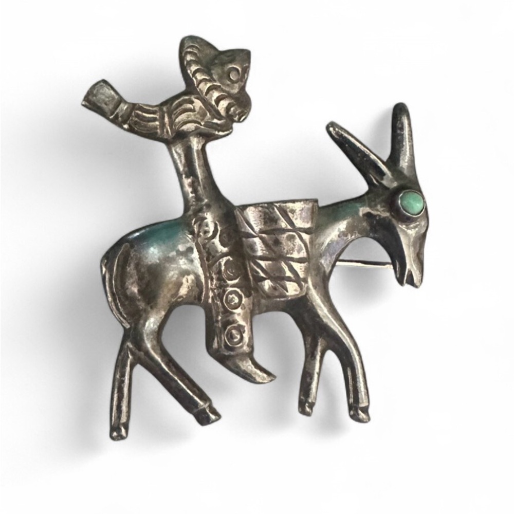 Sterling Silver Donkey & Rider Brooch Vintage Folk Art with Turquoise Stone